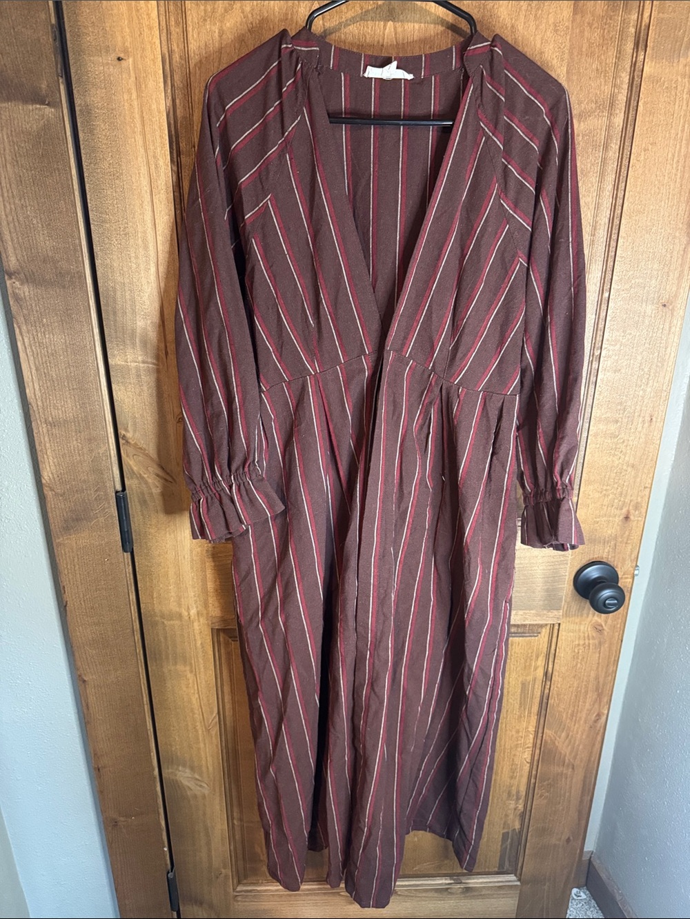 Striped V-Neck Midi Dress in Burgundy